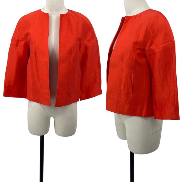 LK Bennett Open Front Blazer Jacket Bolero Cropped Silk Linen Orange Womens 4 - Picture 1 of 7